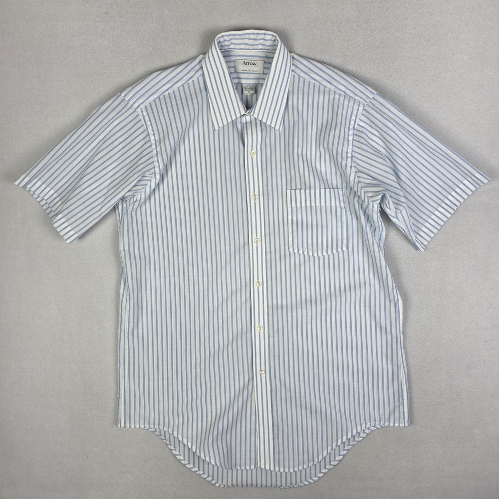 Vintage 80s Arrow Broadstreet Button Shirt Mens 16 Blue White Horizontal Striped